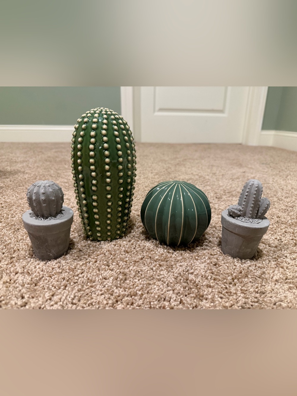 Decorative Green Ceramic and Gray Concrete Cactus Sculptures - Home Accent